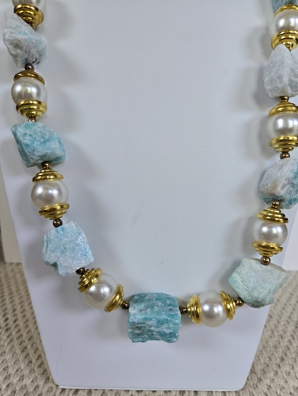 N-143-Raw Aqua Colored Stone and Faux Pearl Bead Necklace-24"